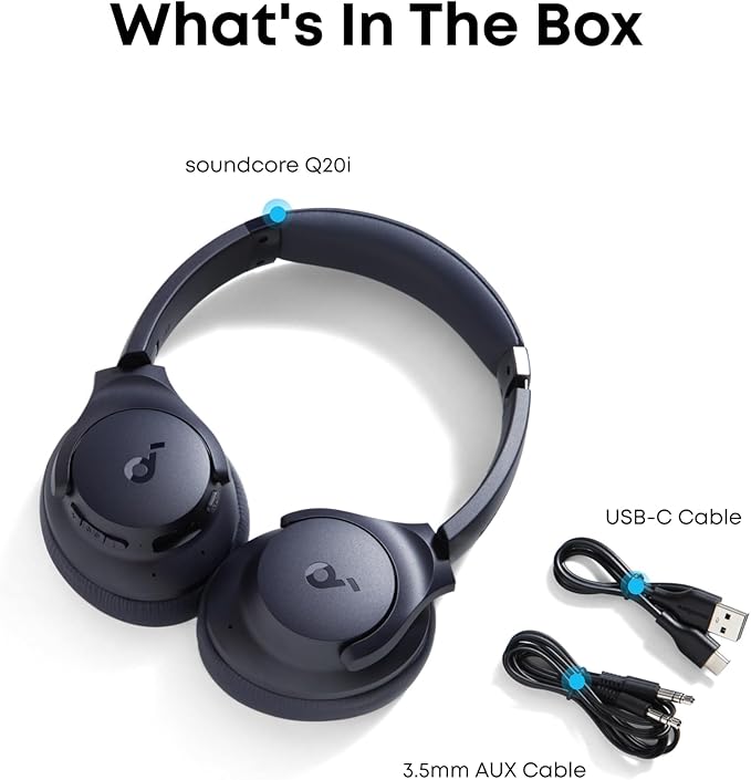 soundcore by Anker Q20i Hybrid Active Noise Cancelling Headphones, Wireless Over-Ear Bluetooth, 40H Long ANC Playtime, Hi-Res Audio, Big Bass, Customize via an App, Transparency Mode (Renewed)