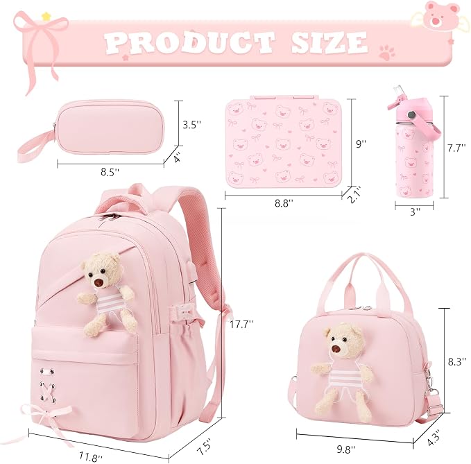ACESAK Girls Backpack for School Set - 5 PCS Cute Girls Backpack with Lunch Box, Pencil Case, Bento Box & Insulated Water Bottle - Kawaii Casual Kids Bookbag Set Back to School Supplies (Pink)