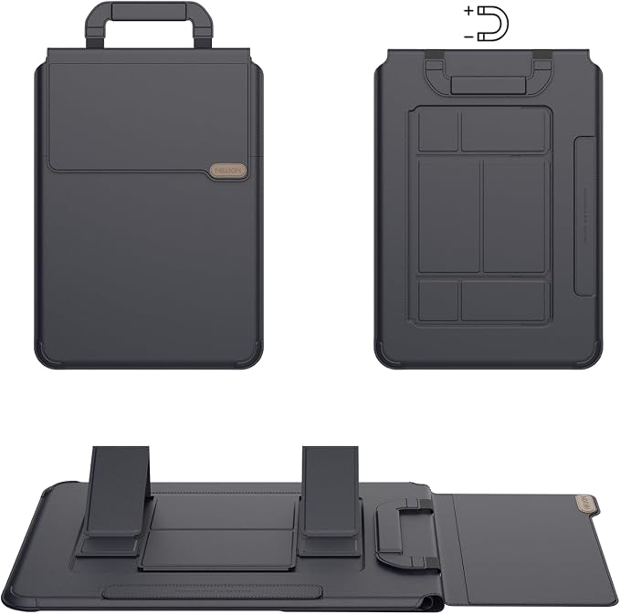 Nillkin Upgraded 13-16 Inch Laptop Sleeve Case for MacBook/Dell/HP/Lenovo/Asus, Unique Slim Travel Computer Bag with Adjustable Stand & Mouse Pad, Magnetic Handle, PU Leather, Black