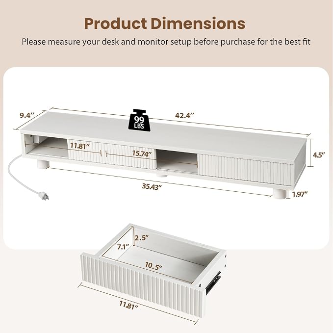 Artswish 42" White Dual Monitor Stand with Power Outlet & Storage Drawer | 42" Monitor Riser for Home Office, Built-In Power Outlet, Hidden Storage & Darwer, Adjustable Height