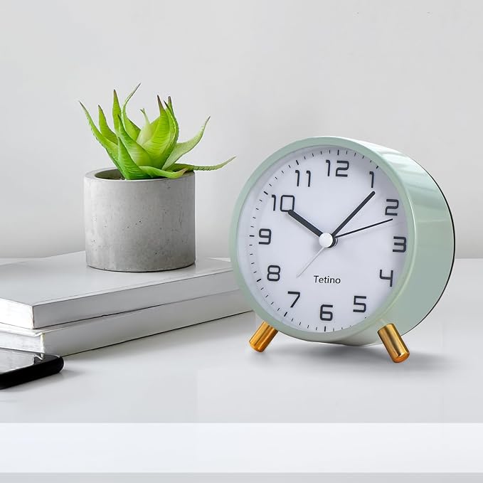 Tetino Analog Alarm Clocks,Retro Metal Desk Silent Non Ticking Small Clock with Night Light,Battery Operated,Simple Design,for Bedrooms, Bedside,Office,Home Décor (White)