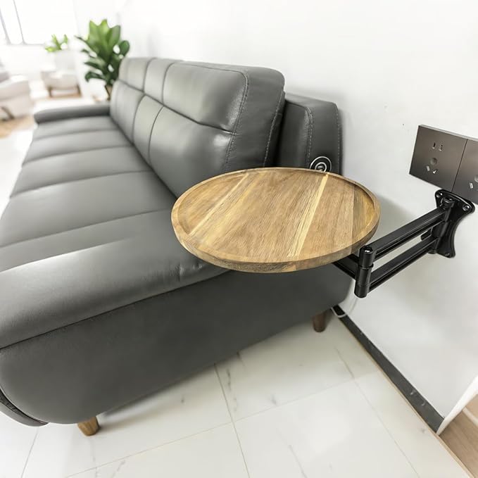 Retractable Wall Mount Folding Table, Adjustable Wall Mounted Coffee Table, Balcony Coffee Table, 11.8 Inch Round Wooden Tabletop, Acacia Brown, Adjustable Angle, Space-Saving Design (black, small)
