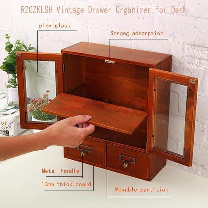 Rustic Apothecary Cabinet - 12" L x 4.7" W x 14" H Vintage Pine Countertop Cabinet with 2 Shatterproof Clear Doors & 2 Drawers, Small Spice Organizer for Kitchen, Bathroom, Office (Brown)