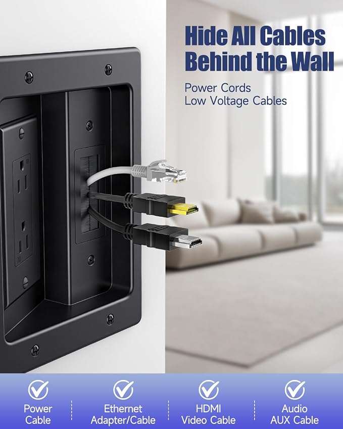 in Wall Cable Management Kit, Wall Cable Concealer Kit for TV, Recessed Outlet for Low Voltage Cables, Cord Hider Fits All Plugs for Wall Mounted TV & Cable Pass Through, Black
