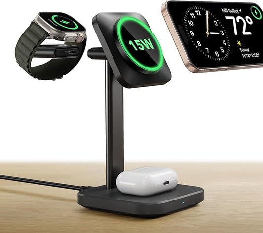 ESR for 3 in 1 Wireless Charging Station, Certified Apple Watch Charger, 15W MagSafe Charger Stand for iPhone, Wireless Charger for Multiple Devices iPhone 17/16/15/14/13, Watch, AirPods, Black