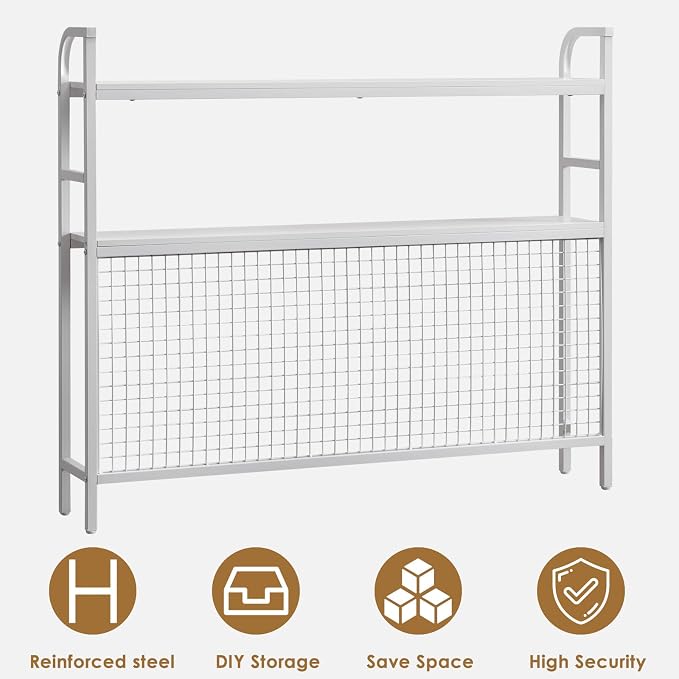 Desk Shelf, 45.3” Desktop Organizer Shelf with Grid Panel and Hooks, Desk Hutch for Computer Monitor, 2 Tier Desk Display Rack Wood Desktop Bookshelf Storage for Home Office Dorm