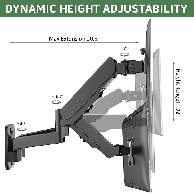 UPGRAVITY Dual Monitor Wall Mount, Double Monitor Wall Stand for Two 17-32 inch Flat Computer Screens, Height Adjustable Gas Spring Mounted Bracket Arms Hold up to 17.6lbs, VESA 75/100