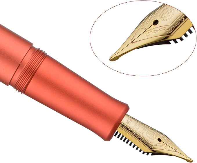 HONG DIAN M2 Black Forest Mini Fountain Pen, Long Blade Nib & Sleek Shape Aluminium Short Pocket Travel Pen (Orange Red)