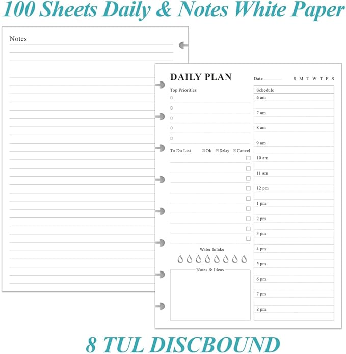 ZGMJ Undated Daily Planner Refill - A5 Day Planner With Insect To Do List, 100 Sheets/200 Pages, 8-Disc Discbound Notebook, 100gsm White Paper, 5.8'' x 8.3'', Junior Size