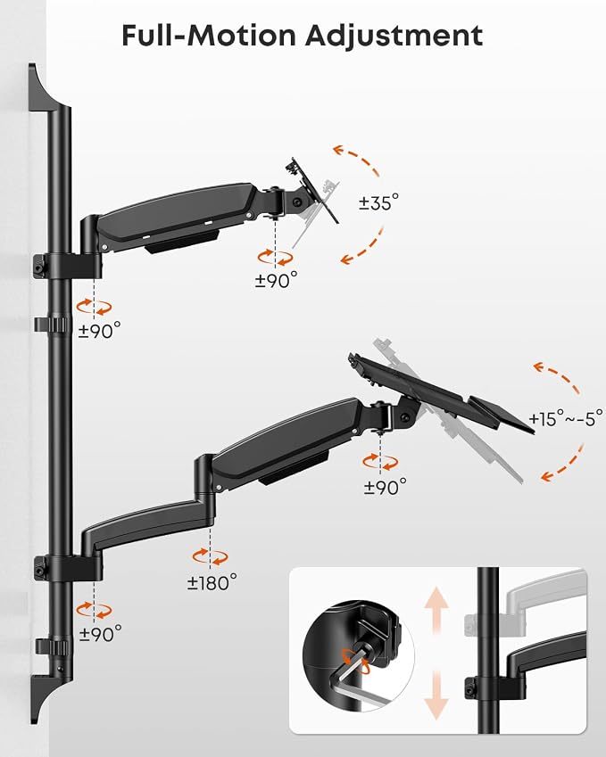 Wall Mount Sit Stand Workstation with Single Monitor Mount, Keyboard Tray and CPU Holder, Height Adjustable Full Motion Arms for 13-32 inch Screens, VESA 75x75, 100x100, Black