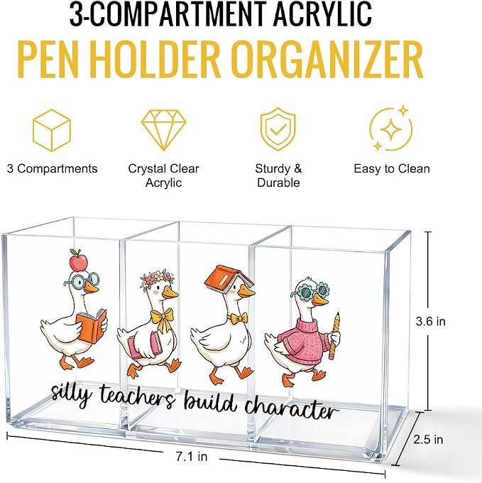Silly Teachers Build Character Acrylic Pen Holder for Desk, Cute Goose Theme Desk Organizer for Office Home, First Day of School Gifts, Funny Back to School Appreciation Gifts for Women Teachers