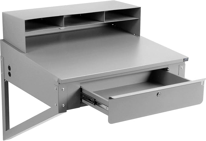 Global Industrial Wall Mount Shop Desk with Pigeonhole Riser, 34" W x 30" D, Steel Construction with Gray Powder Coat Finish, Standing Workstation, for Warehouses & Receiving