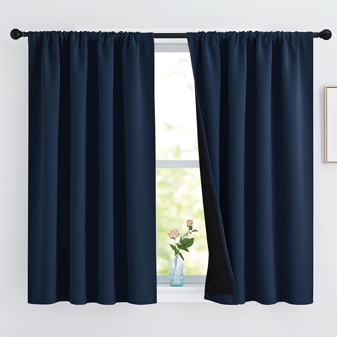 NICETOWN 100% Blackout Curtains with Black Liners, Thermal Insulated 2-Layer Lined Drapes, Energy Efficiency Small Window Draperies for Dining Room (Navy, 2 Panels, 52 inches W by 45 inches L)