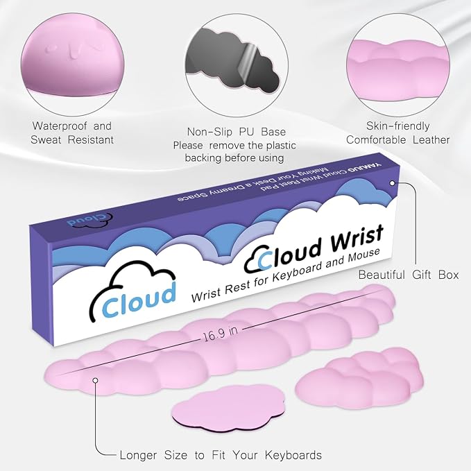 Cloud Wrist Rest Keyboard Palm Rest with Non-Slip Base for Computer Gaming Wrist Rest, YAMJUG Cloud Arm Rest Keyboard Wrist Pad Purplish Pink