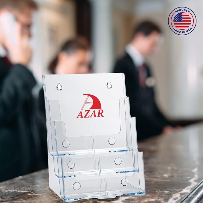 Azar Displays 252376 Four Tier, Four Pocket Letter Brochure File Holder for Flyer, Office Supplies, Paper Document or Magazines, Clear Organizer for Wall and Counter Desktop Stand, 8.5" x 11"
