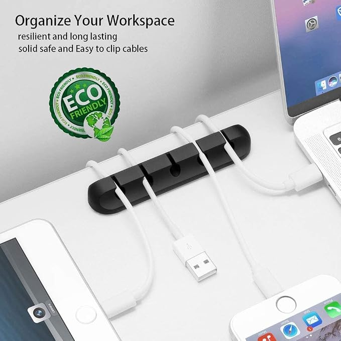 Cord Holder Cable Organizer Clips Cord Organizer for Desk, Nightstands | Self Adhesive, Office, Car, Black Silicone Cord Keeper, Cable Management, Wire Holders for phone charger Cords