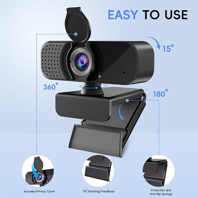1080P Webcam with Microphone and Physical Privacy Cover, Noise Cancelling USB Web Camera, Auto Light Correction, Plug and Play, Wide Angle PC Camera for Zoom, Online Class, Laptop/Desktop
