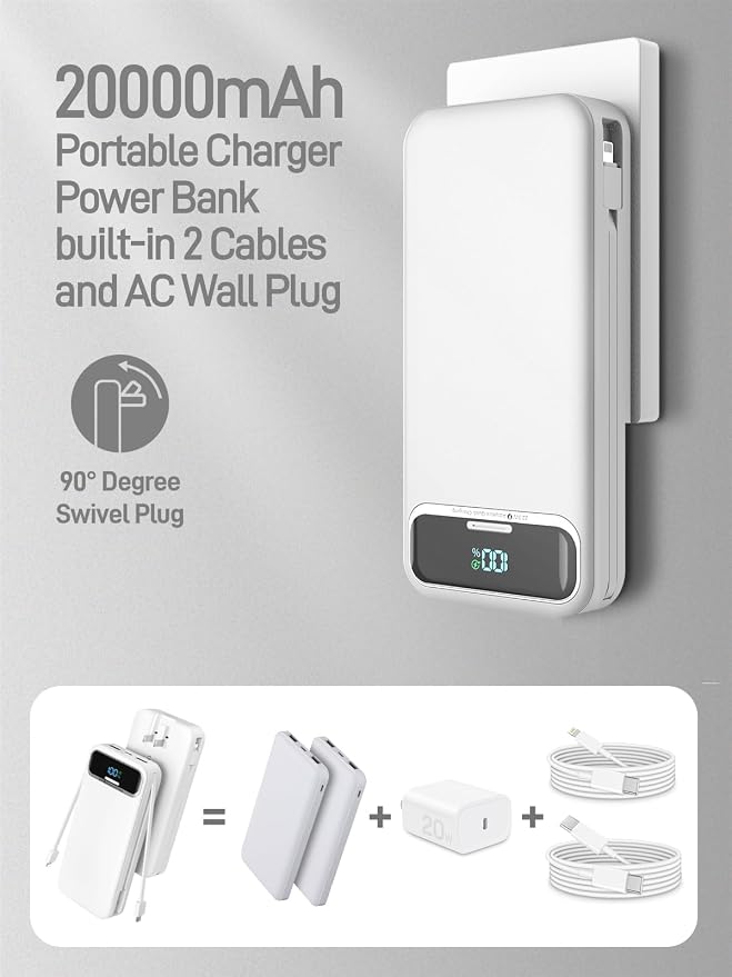 Nusyddy Portable Charger 20000mAh 22.5W w/Built-in Cables & Wall Plug White | 22.5W Fast Charging, High Capacity, LED Display, Charge 5 Devices at once, TSA Approved, Compatible with iPhone/iPad/Samsung