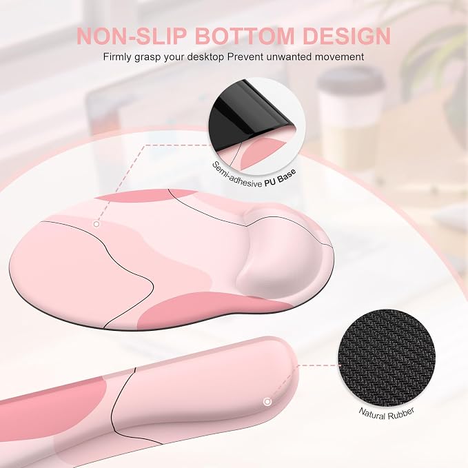 iCasso Large Gaming Mouse Pad Wrist Support Set, Desk Mat, 4in1 XXL Mousepad + Keyboard Wrist Rest+Mouse Wrist Rest+Coaster Set with Ergonomic Design for Home Office Table Computer-Pink Art