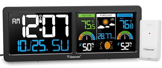 Geevon Weather Stations Wireless Indoor Outdoor Thermometer with Atomic Clock, HD Color Display Digital Temperature Humidity Monitor with Barometer, Comfort Indicator, and Adjustable Backlight