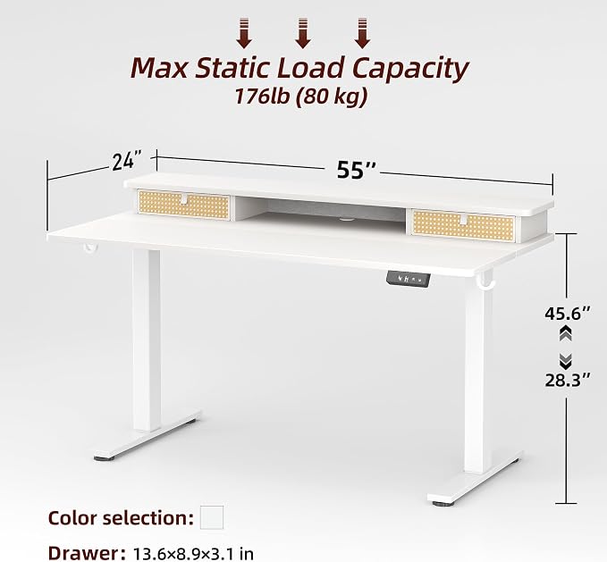 TIQLAB Standing Desk with Two Drawers, Stand Up Standing Desk Adjustable Height, Electric Sit Stand Table with Storage Shelf and Splice Board, 55 * 24 inch, White Wicker