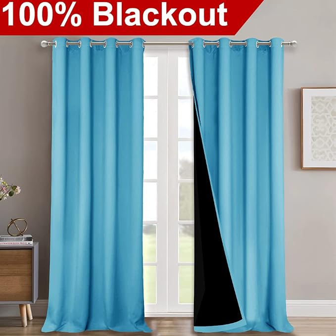 NICETOWN 100% Blackout Blinds, Set of 2, 46" x 102", Teal Blue, Laundry Room Decor Window Treatment Curtains for Large Patio Sliding Door, Thermal Insulated Curtains for Bedroom