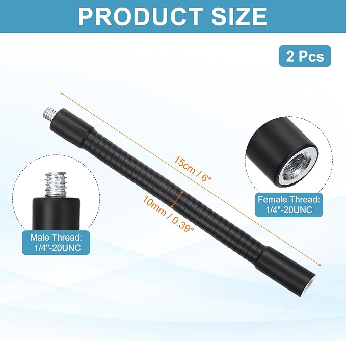 PATIKIL 6" Gooseneck, 2Pcs 1/4"-20 Female to Male Thread Metal Universal Hose Flexible Arm Gooseneck Tube Extension Holder for Action Camera, Phone, Microphone, Black