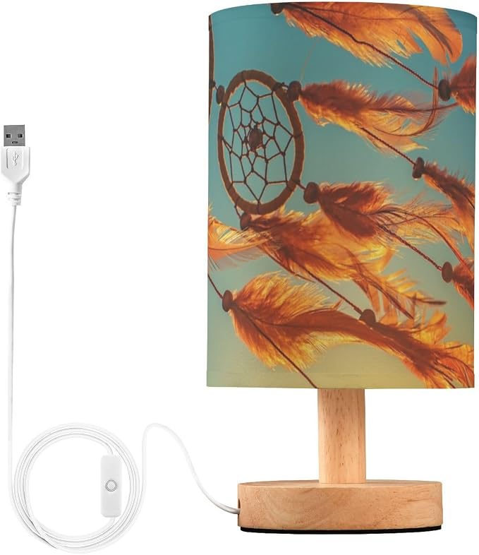 Table Lamp Dream Catcher Sunset Sky Boho Chic Dreamcatcher Ethnic Tribal Nightstand Lamp with Wood Base Fabric Lamp Shade Bedside Desk Lamp for Living Room Bedroom Kids Room Office