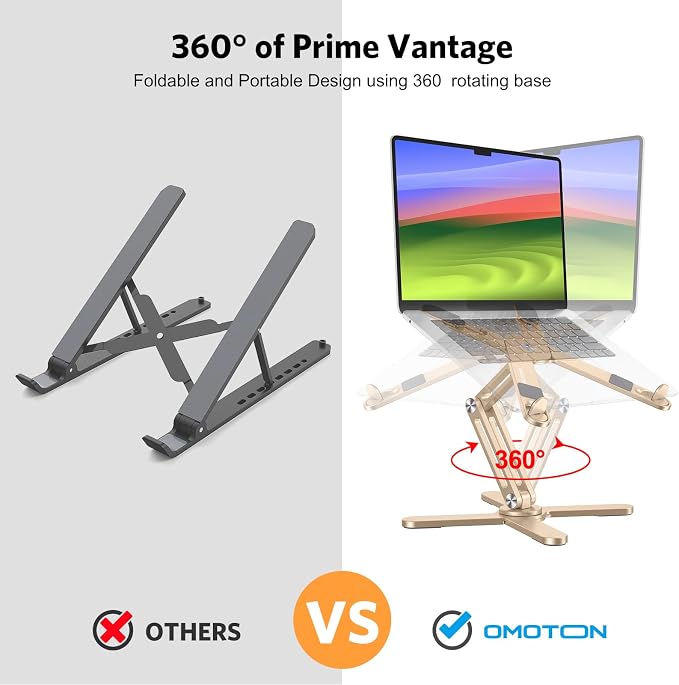 OMOTON 360° Rotating Laptop Stand Riser for Desk, Ergonomic Foldable Computer Stand Adjustable Height Angles for Collaborative Work, Easy Storage Fit Macbooks,All Laptops up to 16 inches, Gold