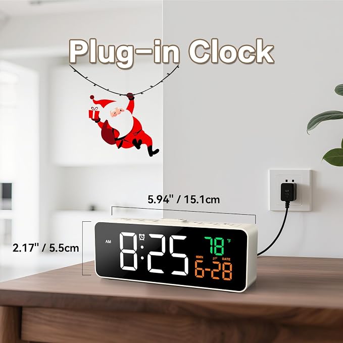 Netzu 3-in-1 Digital Clocks for Living Room, Small & Compact Alarm Clock | Temperature, Date & Time Display, 4 Birghtness, 3 Volumes, Plug-in, for Bedroom, Office