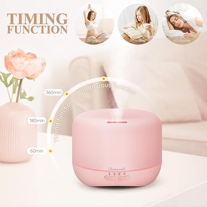 Aromatherapy Essential Oil Diffuser for Room: 500ml Colorful Aroma Air Humidifier with Adjustable Cool Mist Mode, Waterless Auto Off Ultrasonic Diffusers for Large Room Home Office(Pink)