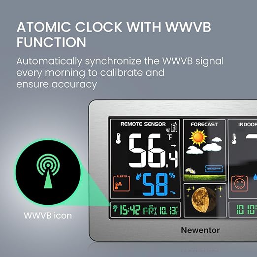 Newentor Weather Station Wireless Indoor Outdoor Thermometer,Sliver,1Sensor | Color Display Digital Weather Thermometer with Atomic Clock, Barometric Pressure, Forecast Station with Adjustable Backlight