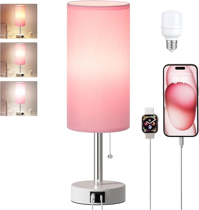Dicoool Pink Bedside Table Lamp for Bedroom, Small Nightstand Lamp for Girls Kids, 3 Color Temperatures & USB Charging Port, Cute Desk Lamp for Teens Room Decor, Dorm Room Essentials