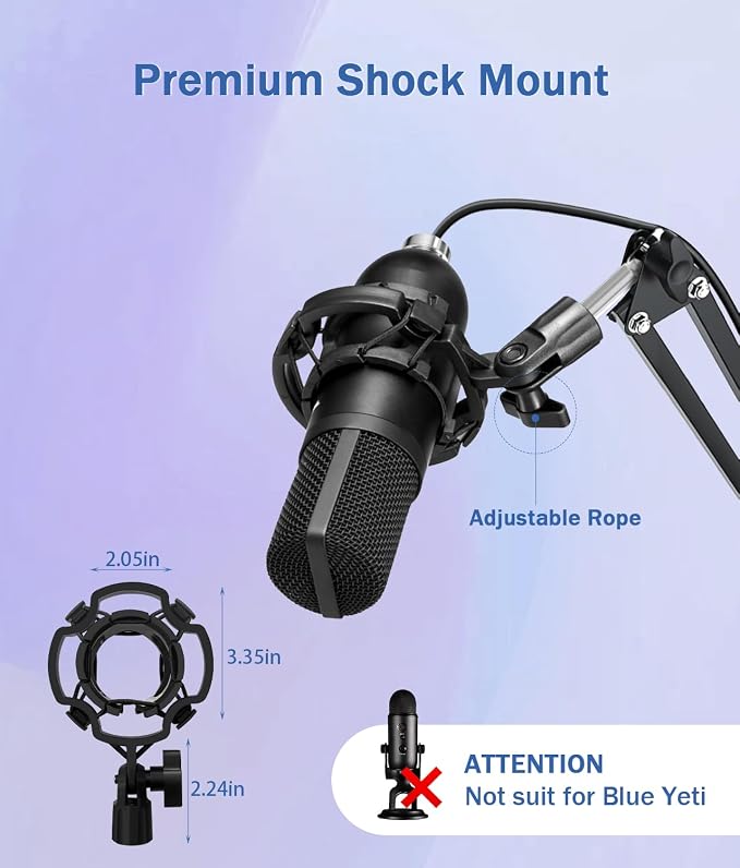 BILIONE Microphone Stand, Mic Boom Arm Stand for Blue Yeti QuadCast S SoloCast Snowball AM8 and other Mics, with Pop Filter Shock Mount Microphone Clip Cable Ties