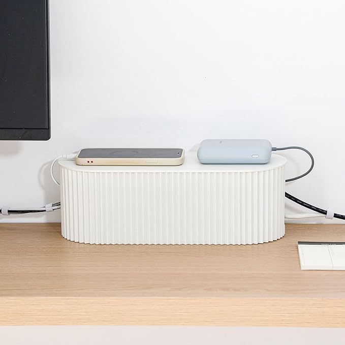 White Cable Box Organizer, Small, Plastic | Cord Hider Box with Lid, For Desk and Floor, Power Strips Cover, For Home, Office, Computer, TV, School, Kitchen
