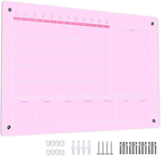 Large Acrylic Calendar for Wall,24"X16",Acrylic Dry Erase Calendar for Wall,Pink Dry Erase Board for Home/Office
