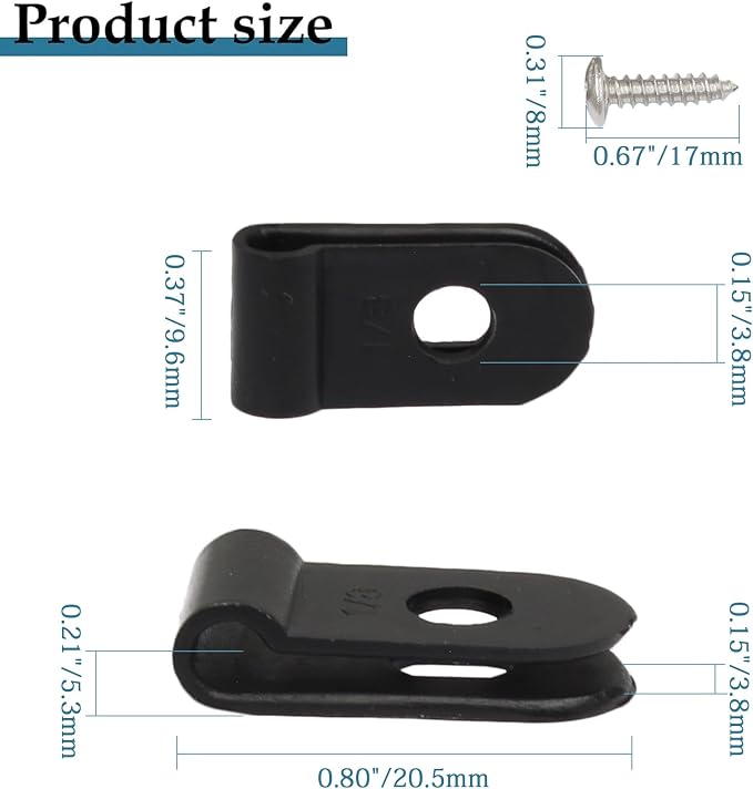 100 Pcs 1/8 Inch Black Nylon Cable Clip Wire Clamp | R-type, 3.3mm, Screw Mounting, Stainless Steel Screws Included, Wire Management