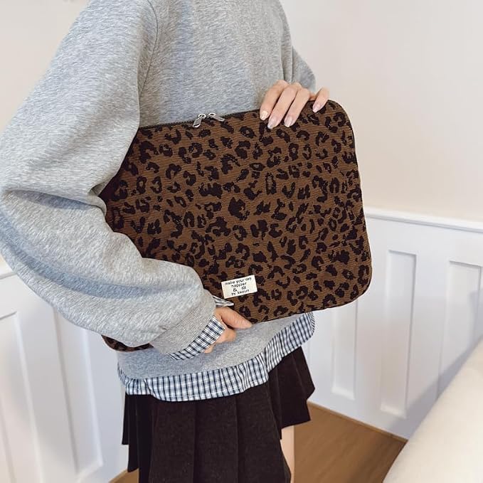 Cute Bow Puffy Laptop Sleeve 13-15 Inch Cute Quilted Laptop Protective Case Padded Bow Computer Sleeve for MacBook (Leopard Coffee, 15inch)