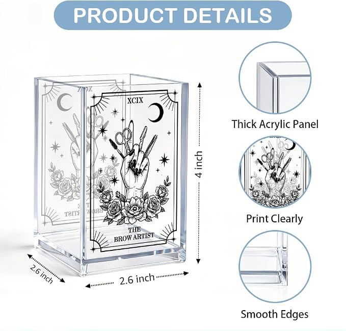 Brow Artist Makeup Tarot Acrylic Cosmetic Pencil Pen Holder, Funny Makeup Vanity Desktop Accessories for Women Mom Daughter Brow Boss Cosmetologist Wax Hustler Esthetician Tarot Lovers
