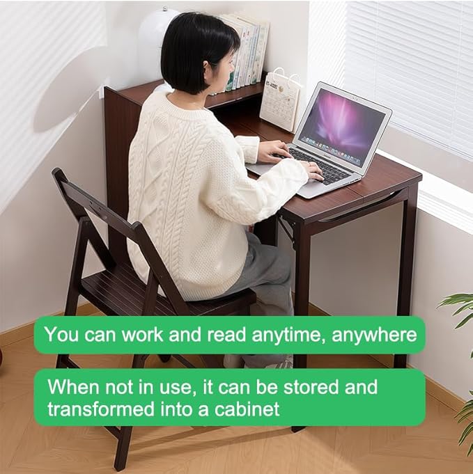 Bamboo Folding Out Desk with Storage Shelves, Expandable Hidden Computer Desk, Foldable Space-Saving Pull Out Murphy Table, Writing Table for Home Office Bedroom Small Spaces (Walnut)