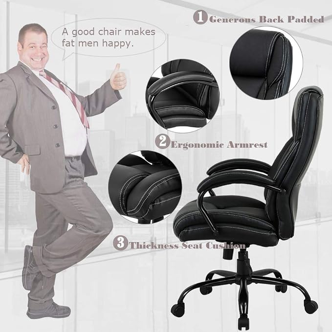 Big & Tall Executive Office Chair Heavy Duty 500LBS Computer Desk Chair Ergonomic High Back Task Rolling Swivel Chair with Lumbar Support Armrest PU Leather Oversizd Wide Seat Office Chair, Black