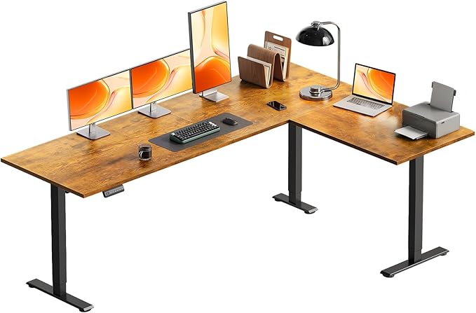 OffiGo 71 Inch Reversible L Shaped Electric Standing Desk, Height Adjustable Corner Stand up Desk, Ergonomic Large Lift Computer Table for Home, Office, Workstation, Rustic Brown