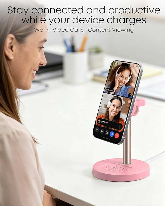 3 in 1 Magnetic Wireless Charging Station, 15W Charger for iPhone, Pink | Compatible with iPhone 12-17 Series, Apple Watch & AirPods, Charges 3 Devices Together, 18W Adapter Included, 3-Year Warranty
