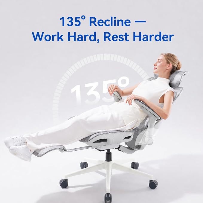 SIHOO B300 PRO Comfy Ergonomic Office Chair with FOOTREST, Mesh Computer Chair with 360° FILP-up 6D Armrests, 135° Reclining, Breathable Desk Chair for Home Office, Holds 300 LBS-White