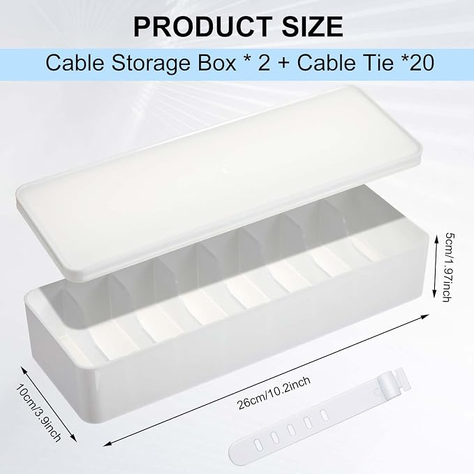Tatuo 2 Pcs Cord Organizer for Drawer Desktop, Cable Organizer Box with 8 Compartments and Wire Ties, Plastic Charger Storage with Lid, Electronics Case for Home Office Accessories (Small,White)