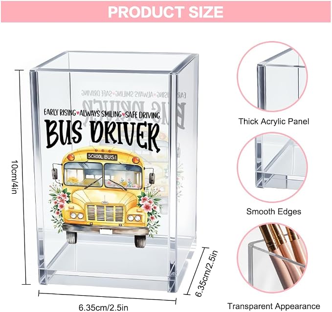 Early Rising Always Smiling Safe Driving Acrylic Cosmetic Pencil Pen Holder Cup, School Bus Pen Holder Cup, Back to School Gifts, Graduation Appreciation Gifts for Women Men Bus Driver