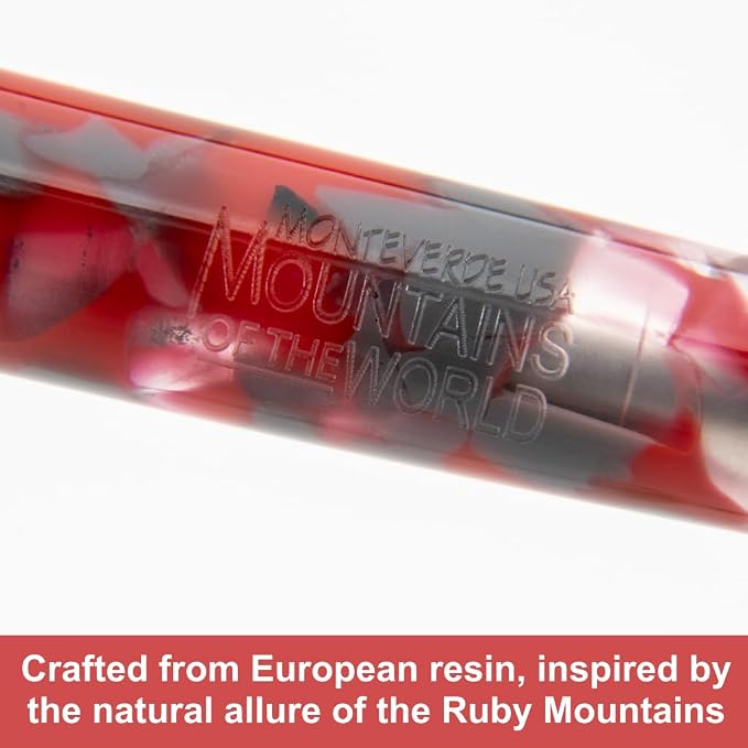 Monteverde USA Ruby Mountain Fountain Pen, Flex JoWo Nib, Red Acrylic Resin, Polished Chrome Trim, Luxury Gift Box Included