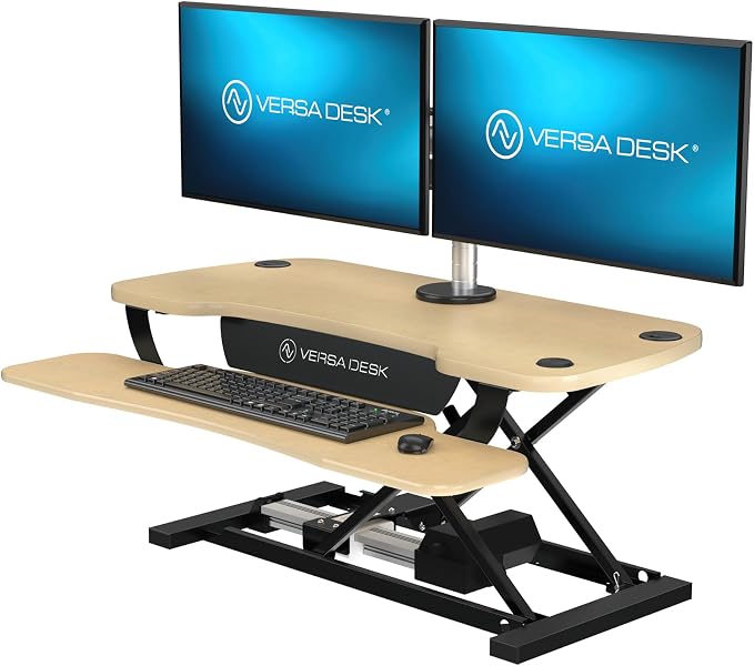 VERSADESK PowerPro 36 Inch Electric Standing Desk Converter – Push-Button Height Adjustable Sit to Stand Desk Riser for Dual Monitors & Laptop – Motorized Desktop Workstation with Wide Keyboard Tray