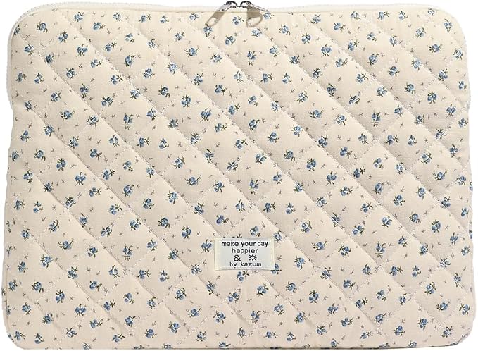 Cute Laptop Sleeve 13-15 inch Laptop Case Aesthetic Quilted Laptop Sleeve Computer Bag with Flower Printing for MacBook (A-Blue, 15inch)