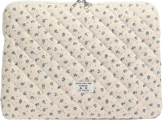 Cute Laptop Sleeve 13-15 inch Laptop Case Aesthetic Quilted Laptop Sleeve Computer Bag with Flower Printing for MacBook (A-Blue, 15inch)
